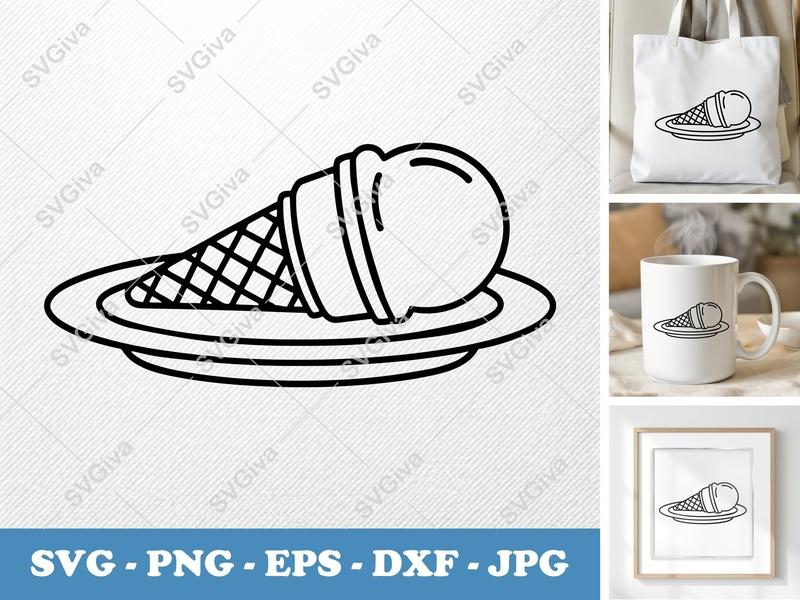 Ice Cream Cone on a Plate SVG | Minimalist Contour Design | PNG DXF EPS | Cricut Silhouette Cut File
