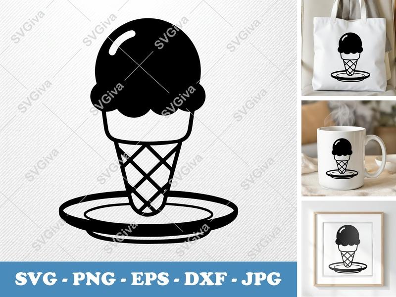 Ice Cream Cone on a Plate SVG | Puffy Animated Style | PNG DXF EPS | Cricut Silhouette File