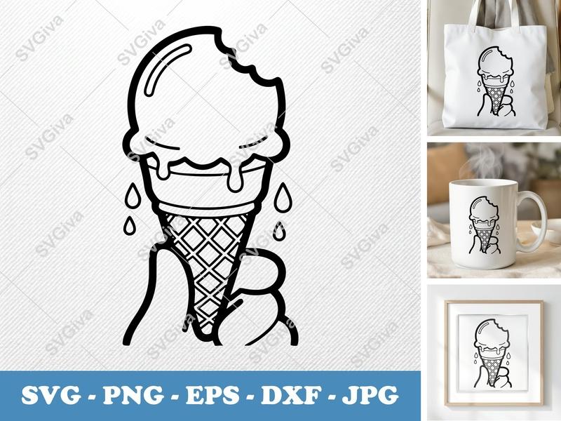 Ice Cream Cone Partially Eaten SVG | Double-Outline Minimalist Cut File | PNG DXF EPS for Cricut Silhouette