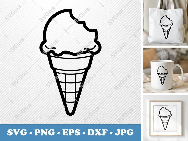 Ice Cream Cone SVG, Bitten Ice Cream Clipart, Waffle Cone Design, PNG EPS DXF for Cricut, Silhouette, Dessert Vector Cut File