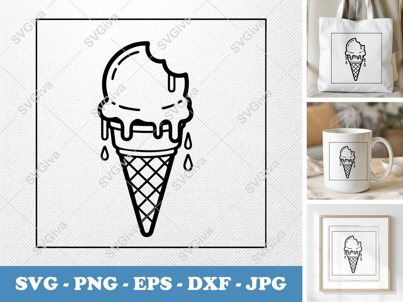 Ice Cream Cone SVG, Bitten Melting Ice Cream, Waffle Cone, PNG EPS DXF for Cricut, Silhouette, Dessert Clipart Cut File