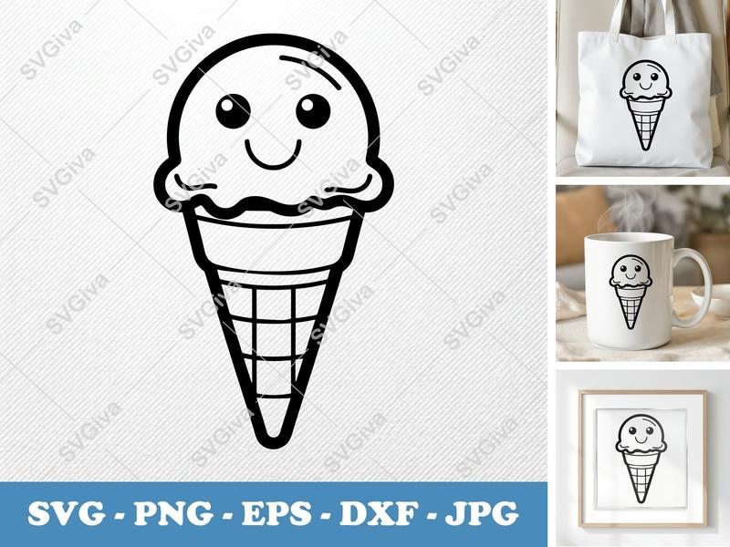 Ice Cream Cone SVG | Cute Kawaii Face, Modern Clean Design | PNG EPS DXF for Cricut, Silhouette Cut Files