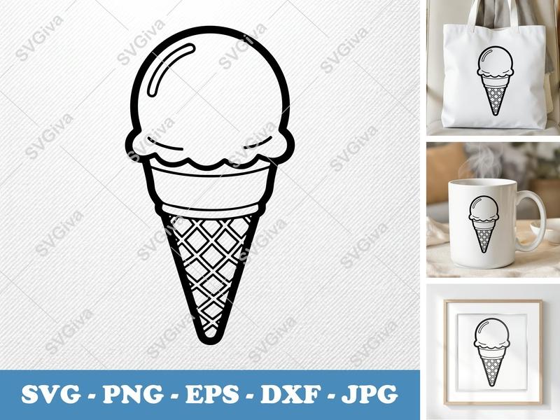 Ice Cream Cone SVG | Double-Outline Minimalist Design | Thick Contour, Thin Lines | Clean Space | PNG, DXF, EPS | Cricut Silhouette File