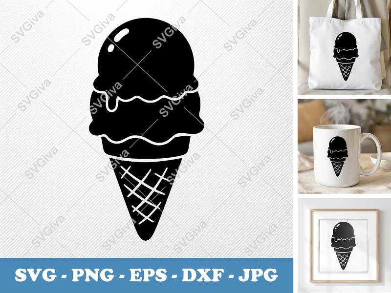 Ice Cream Cone SVG | Double Scoop Melted Drip | PNG EPS DXF | Cricut Silhouette File | Modern Dessert Clipart Vector