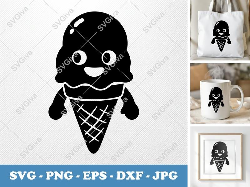 Ice Cream Cone SVG, Happy Kawaii Sweet Treat PNG, EPS, DXF for Cricut & Silhouette, Cute Food Vector, Summer Dessert Cut File