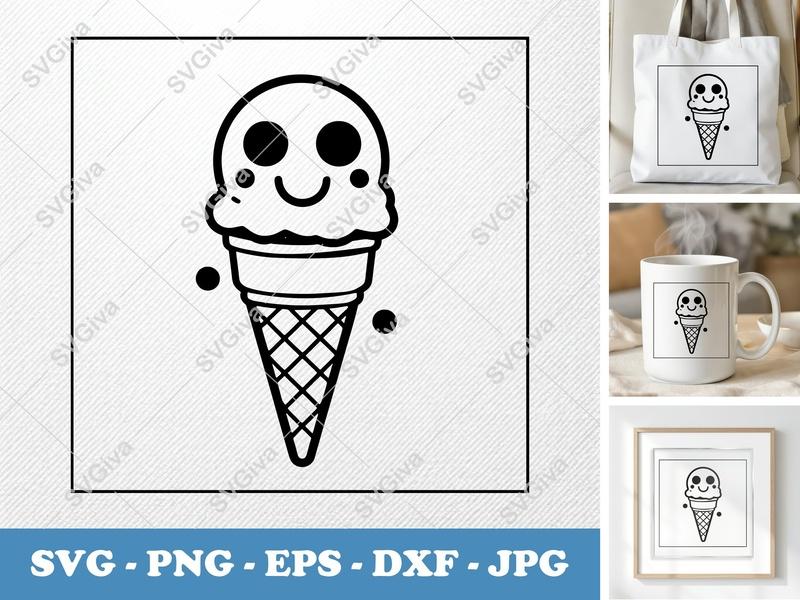 Ice Cream Cone SVG | Kawaii Cute Face | PNG EPS DXF | Cricut Silhouette Cut File | Modern Dessert Clipart