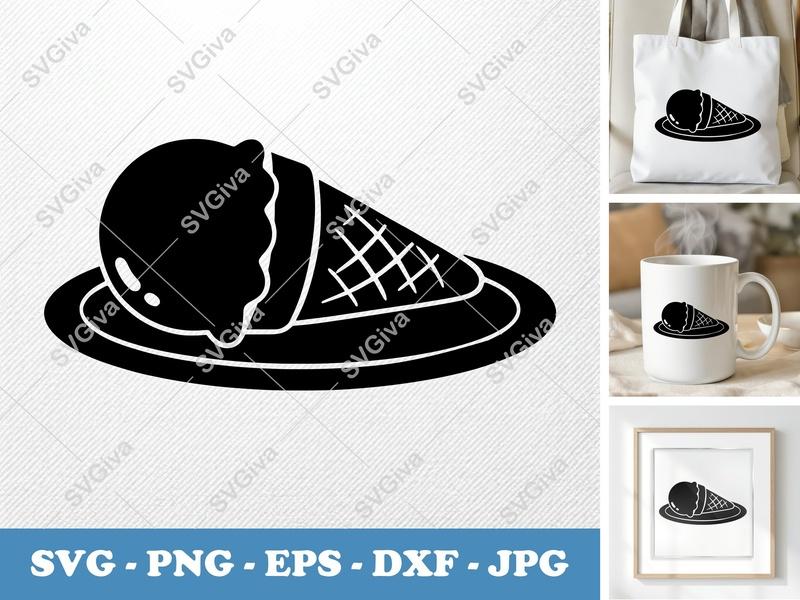 Ice Cream Cone SVG, Melted Dessert Sweet Treat, PNG EPS DXF, Cricut Silhouette Cut File, Modern Food Clipart