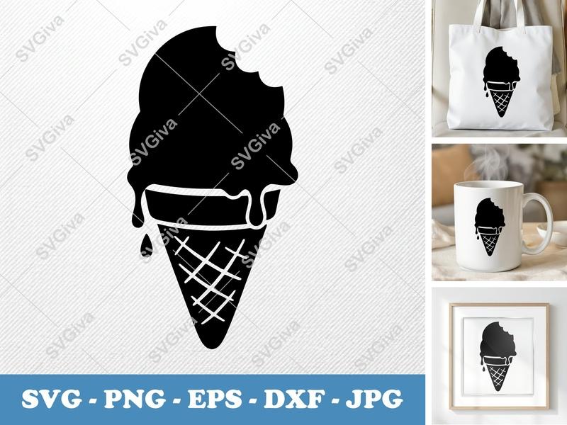 Ice Cream Cone SVG | Melting Ice Cream Bite | PNG EPS DXF | Cricut Silhouette Cut File | Summer Dessert Clipart Vector