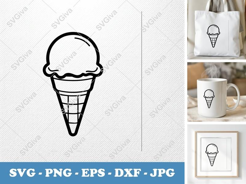 Ice Cream Cone SVG | Modern Clean Design, Outline, Sweet Treat | Cricut, Silhouette | PNG EPS DXF Cut File