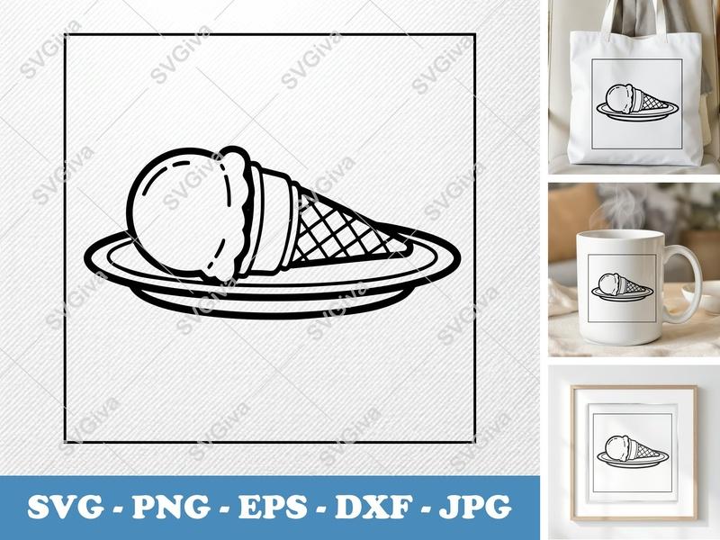 Ice Cream Cone SVG | Modern Dessert Outline on Plate | PNG EPS DXF for Cricut & Silhouette