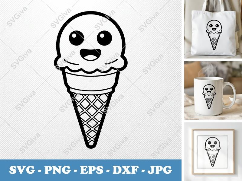 Ice Cream Cone with Smiling Face SVG | Double-Outline Minimalist Design | PNG DXF EPS | Cricut Silhouette File