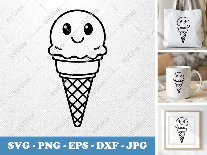 Ice Cream Cone with Smiling Face SVG | Simple Cartoon | Bold Contour PNG DXF EPS | Cricut Silhouette File