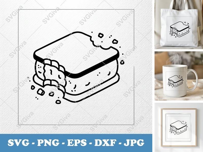 Ice Cream Sandwich SVG | Bitten Dessert Cut File | Modern Food PNG EPS DXF for Cricut, Silhouette | Sweet Treat Clipart