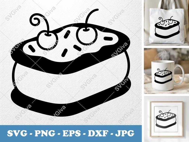 Ice Cream Sandwich SVG | Cherry & Sprinkles Dessert Cut File PNG EPS DXF for Cricut & Silhouette | Sweet Treat Vector