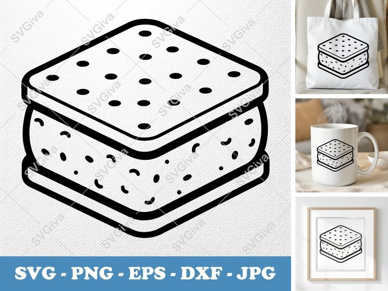 Ice Cream Sandwich SVG | Dessert Cut File PNG DXF EPS Cricut Silhouette | Food Vector Outline