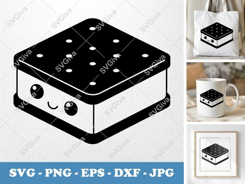 Ice Cream Sandwich SVG | Kawaii Dessert Cut File | Modern Food PNG, EPS, DXF for Cricut, Silhouette | Cute Snack Clipart