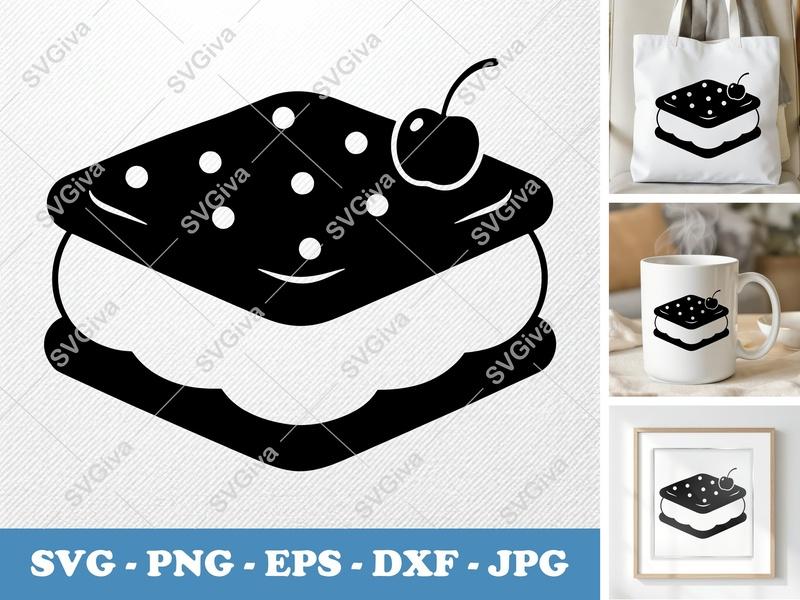 Ice Cream Sandwich with Garnish SVG | Puffy Soft Dessert Cut File | PNG DXF EPS for Cricut Silhouette | Sweet Treat Design