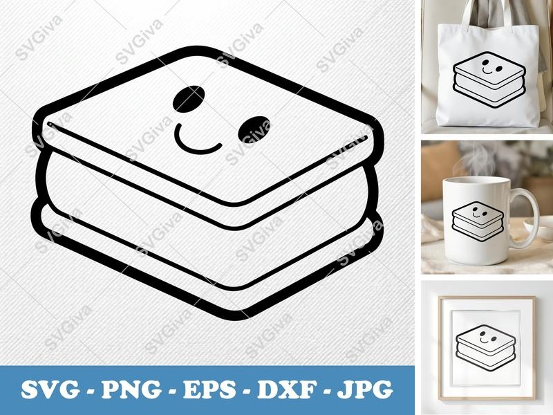Ice Cream Sandwich with Smiling Face SVG | Kawaii Double-Outline Cut File | Thick Contour, Minimalist Design | PNG DXF EPS for Cricut Sil...