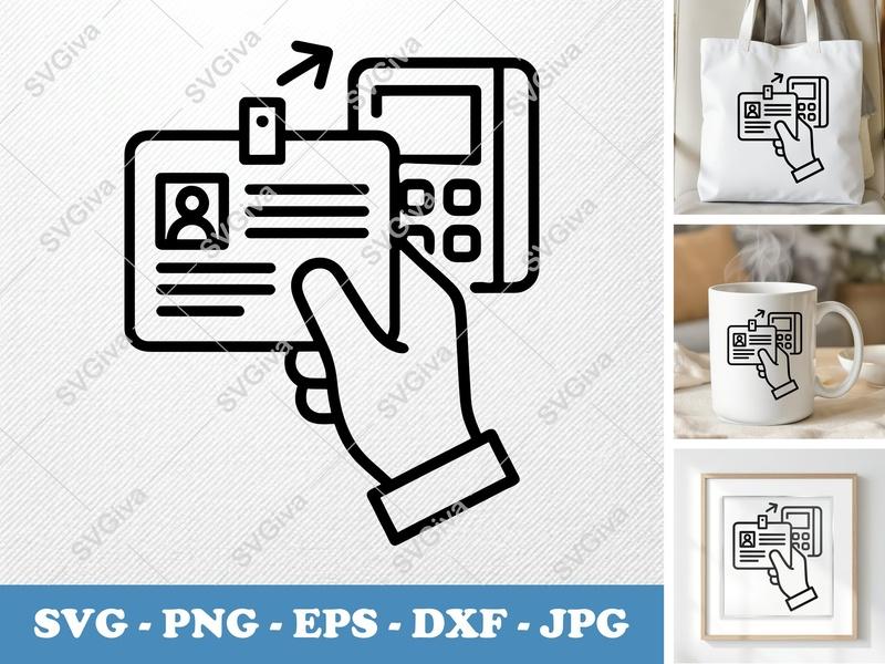 ID Card in active use SVG, Office Access Pass, Hand Scanning, Double Outline SVG PNG EPS DXF for Cricut & Silhouette