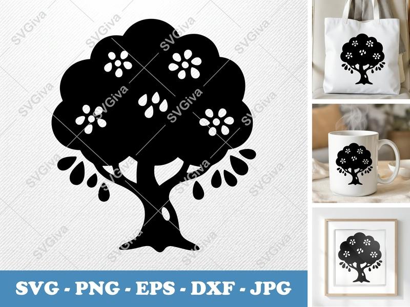 Jacaranda Tree classic svg icon | Soft Puffy Tree Silhouette with Flowers & Droplets | SVG PNG EPS DXF for Cricut & Silhouette