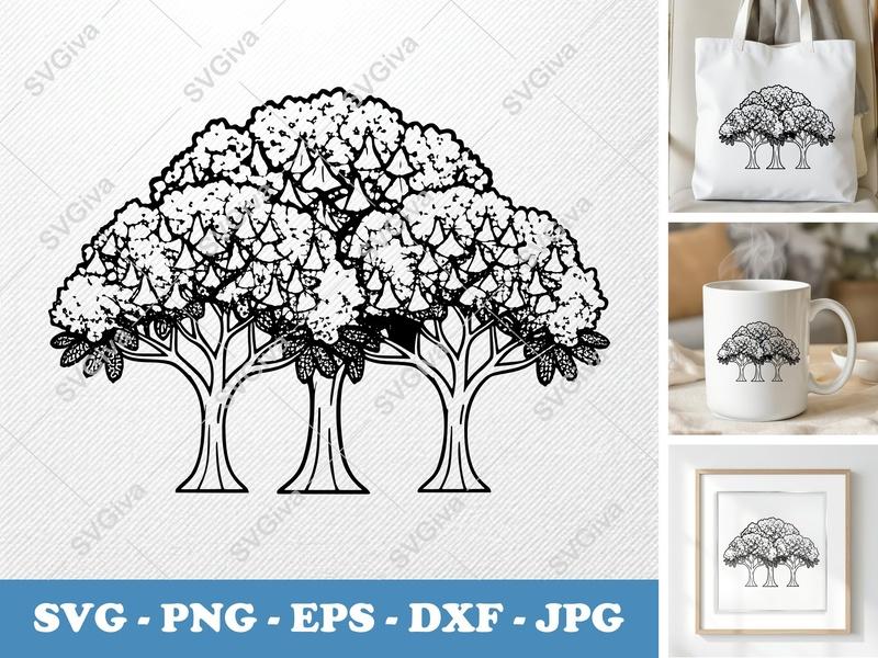 Jacaranda Tree in a group SVG, Nature Landscape Outline, Floral Blossom, PNG, EPS, DXF for Cricut, Silhouette