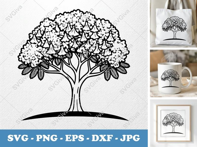 Jacaranda Tree on a piece of land SVG Cut File, Black Outline Botanical Clipart, PNG EPS DXF for Cricut Silhouette
