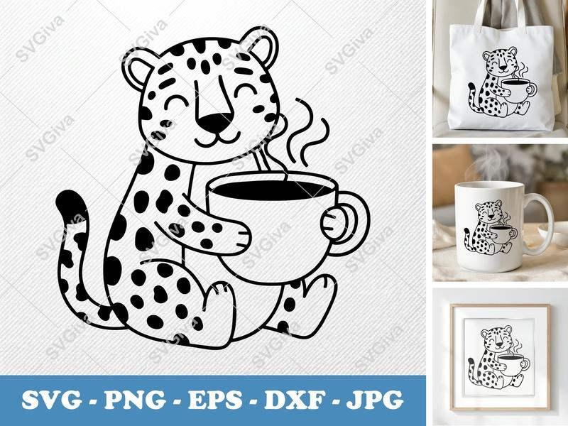 Jaguar Coffee SVG | Cute Leopard Drinking Mug PNG EPS DXF | Cricut Silhouette Cut File | Animal Clipart | Modern Design