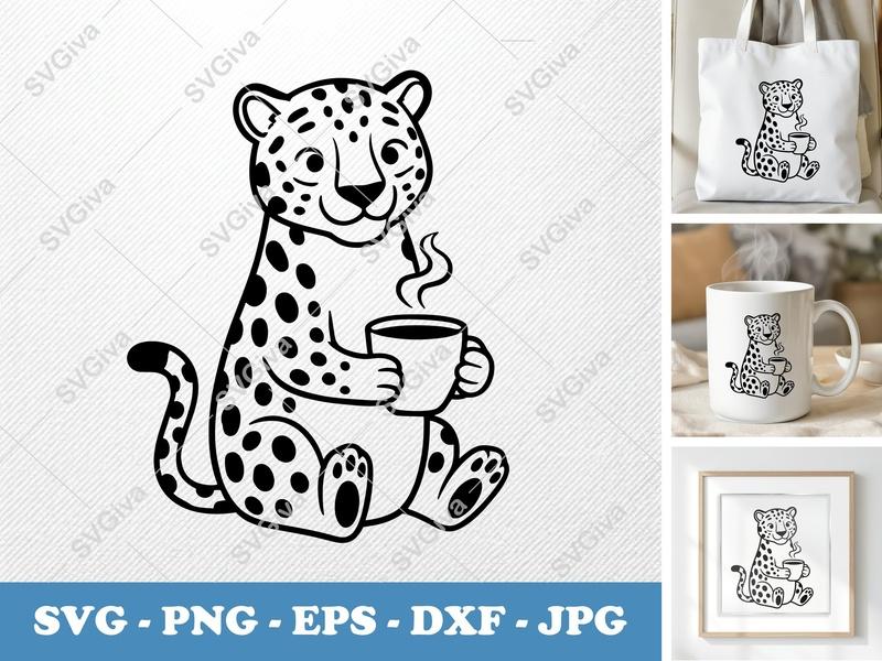 Jaguar Coffee SVG | Cute Leopard Mug PNG EPS DXF | Cricut Silhouette File | Animal Lover Clipart Digital Download