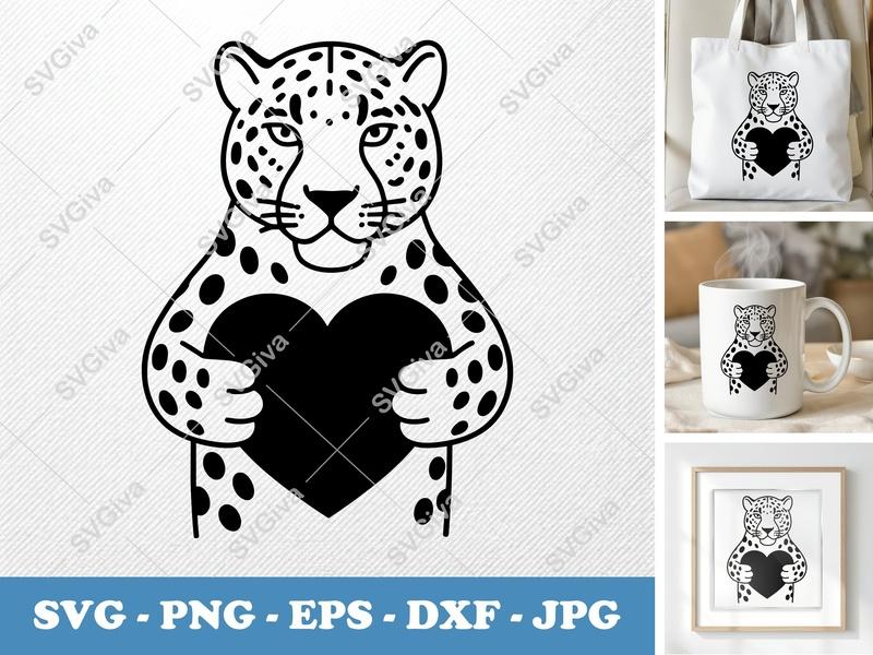 Jaguar holding a heart SVG | Minimalist Vector Cut File | PNG DXF EPS for Cricut Silhouette