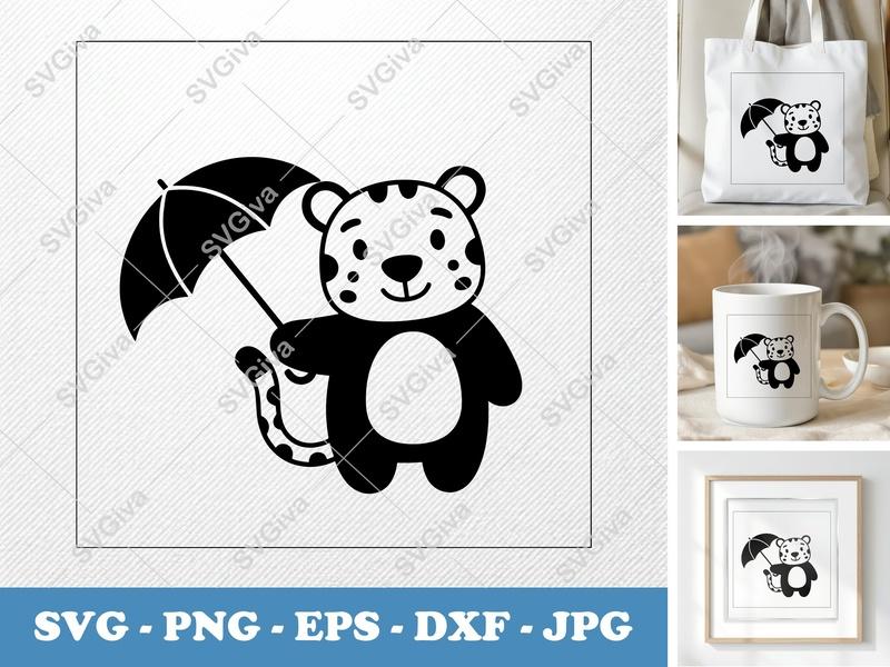 Jaguar Holding Umbrella SVG PNG DXF EPS | Cute Animal Cut File for Cricut Silhouette Projects