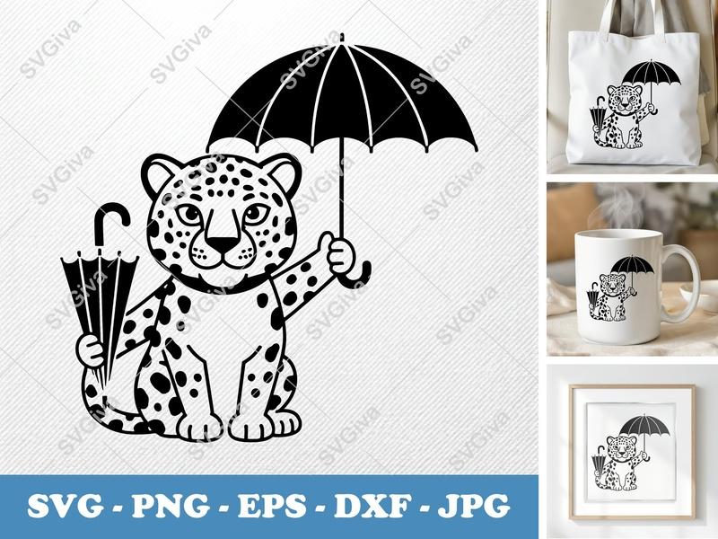 Jaguar Holding Umbrella SVG | Puffy Animated Style | Cricut Silhouette | PNG DXF EPS