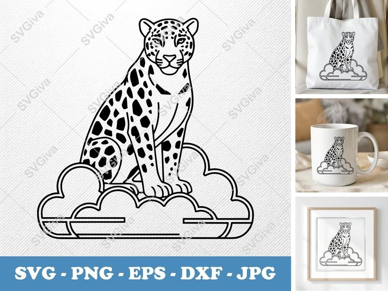 Jaguar Sitting on Cloud SVG | Minimalist Double-Outline Cut File | PNG DXF EPS | Cricut Silhouette Vector