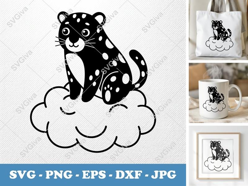 Jaguar Sitting on Cloud SVG | Puffy Animated Style | Soft Pillow Shapes PNG DXF EPS | Cricut Silhouette File