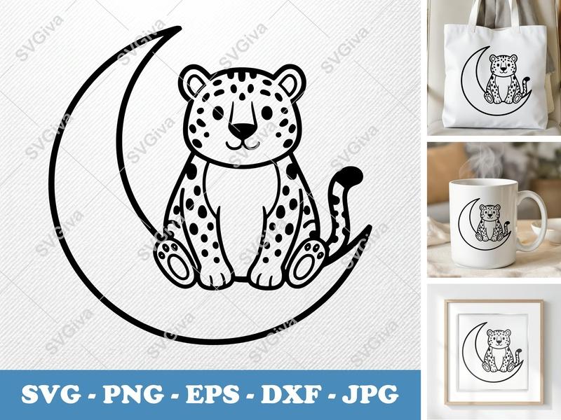 Jaguar Sitting on Moon SVG | Friendly Rounded Body Bean-shaped Forms | PNG DXF EPS | Cricut Silhouette File