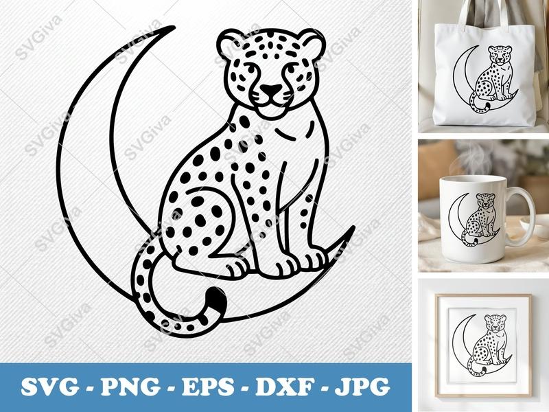 Jaguar Sitting on Moon SVG | Minimalist Contour Line Art | PNG DXF EPS | Cricut Silhouette File