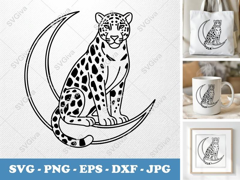 Jaguar Sitting on Moon SVG | Minimalist Line Art | Thick Outline | PNG DXF EPS | Cricut Silhouette File