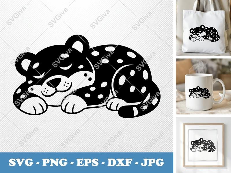 Jaguar Sleeping SVG | Cute Cub PNG EPS DXF | Modern Cut File for Cricut, Silhouette | Baby Wild Animal Clipart