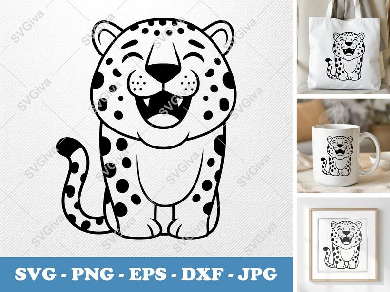 Jaguar Smiling Happily SVG | Friendly Rounded Cartoon Cut File for Cricut & Silhouette | Bean-Shaped Animal PNG DXF EPS