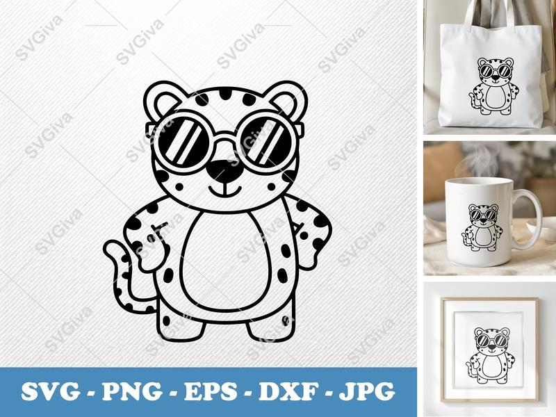 Jaguar SVG, Cool Leopard with Sunglasses Cut File, PNG EPS DXF, Cricut Silhouette Vector Art, Modern Animal Clipart