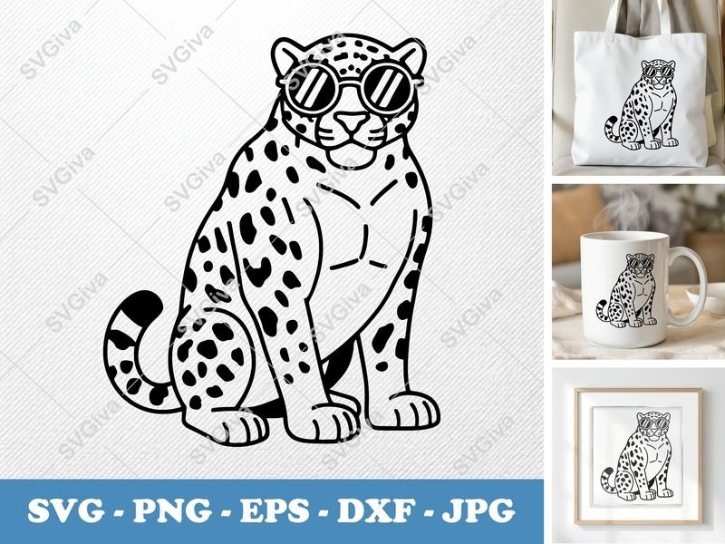 Jaguar SVG, Cool Leopard with Sunglasses Cut File | PNG, EPS, DXF | Cricut, Silhouette, Vector Clipart