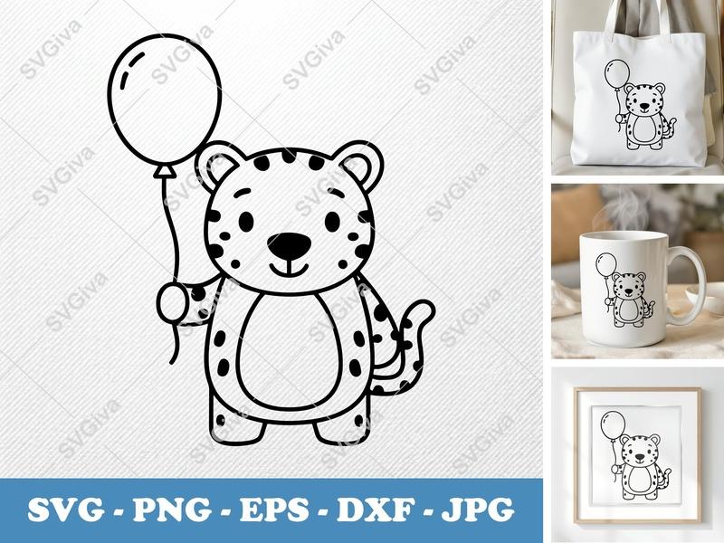 Jaguar SVG, Cute Baby Cheetah with Balloon Cut File | PNG EPS DXF | Cricut Silhouette Vector Art