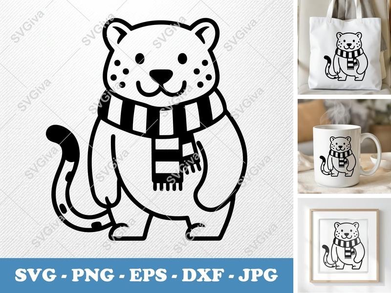 Jaguar SVG | Cute Cartoon Animal with Scarf | PNG EPS DXF | Cricut Silhouette Cut File | Modern Clean Design
