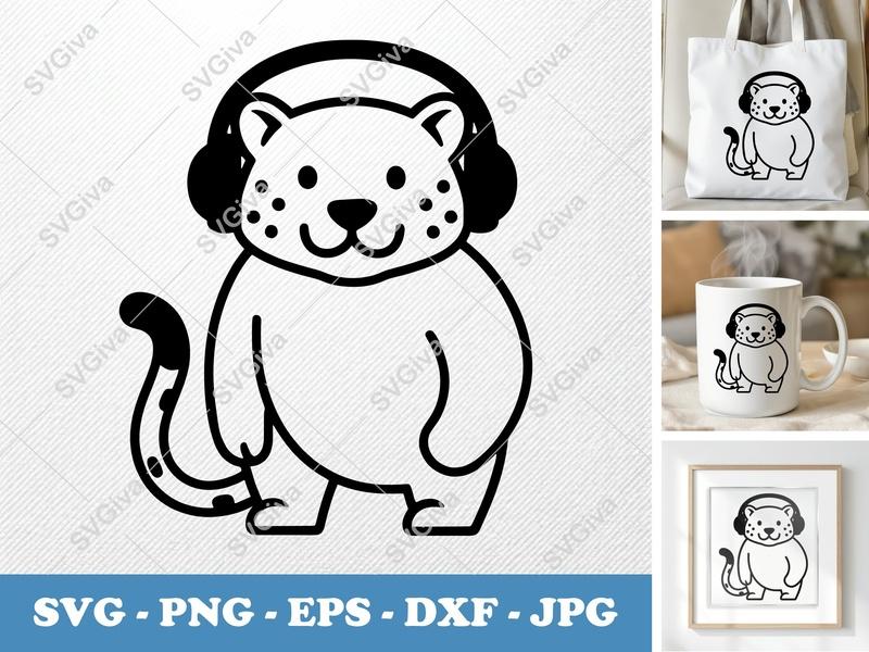 Jaguar SVG, Cute Cartoon Headphone Cat, Modern Animal Cut File for Cricut, Silhouette | PNG EPS DXF Vector Clipart