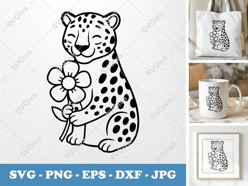 Jaguar SVG, Cute Cheetah with Flower Clipart, Animal Cut File, PNG, EPS, DXF for Cricut & Silhouette