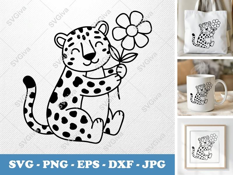 Jaguar SVG, Cute Cheetah with Flower, Leopard Spot Animal PNG EPS DXF for Cricut | Silhouette Cut File