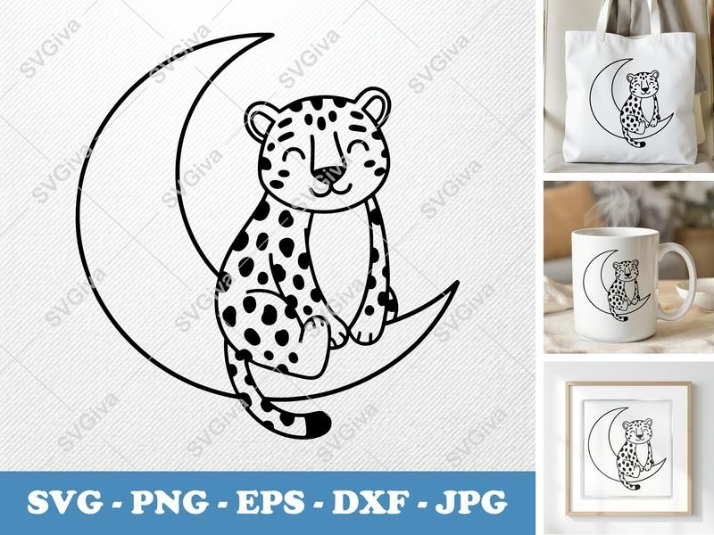 Jaguar SVG, Cute Leopard on Moon PNG EPS DXF | Animal Vector, Baby Nursery Cricut Silhouette Design | Modern Clean Clip Art