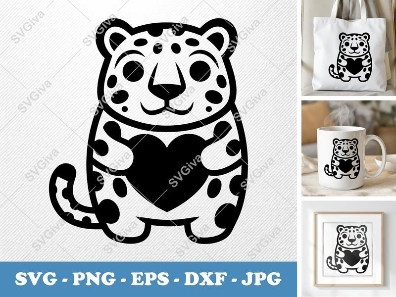 Jaguar SVG, Cute Leopard with Heart, Cartoon Wild Cat, PNG EPS DXF | Cricut Silhouette File, Animal Lover Gift