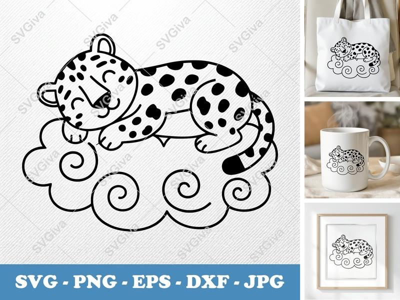 Jaguar SVG, Cute Sleeping Cloud Leopard, Modern Clean Design | PNG EPS DXF for Cricut & Silhouette