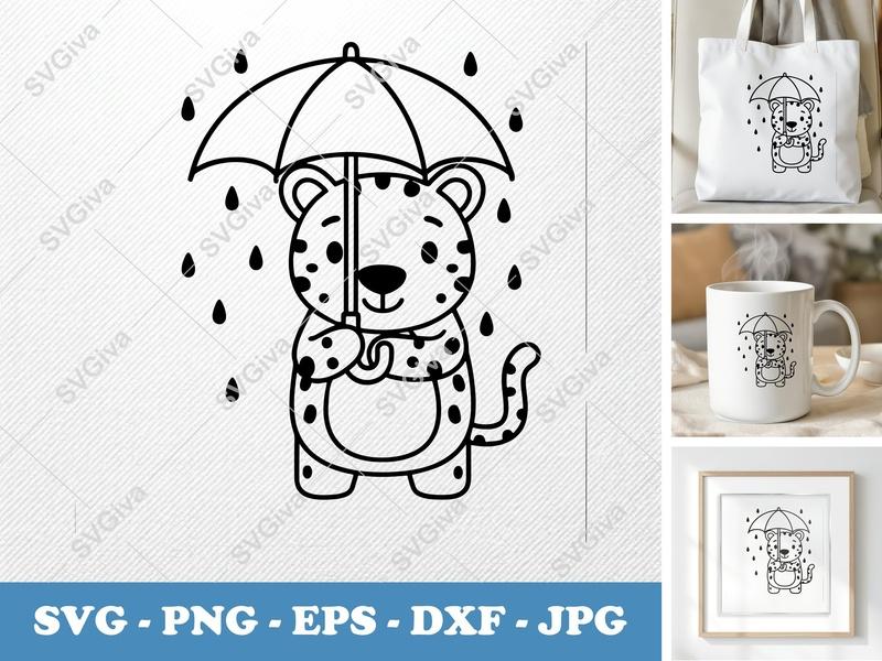 Jaguar SVG, Cute Umbrella Raindrops Leopard Cut File, PNG EPS DXF, Cricut Silhouette Animal Clipart, Digital Download