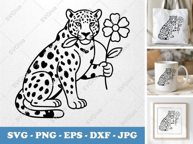 Jaguar SVG, Flower Holding Leopard Cut File, Modern Big Cat PNG, EPS, DXF for Cricut, Silhouette, Wildlife Clipart